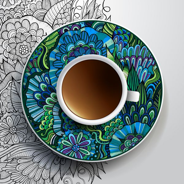 تصویر برداری با یک فنجان قهوه و تزئینات گل دستی روی یک بشقاب بشقاب و زمینه