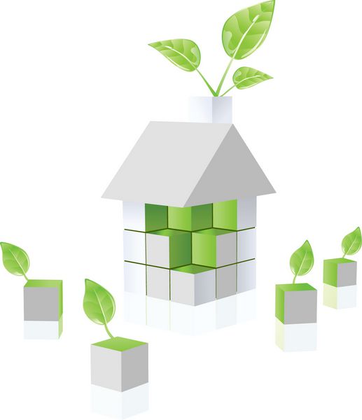 کلیپ وکتور خانه پازل سبز محیطی که از بلوک های اکولوژی مکعب ساخته شده است در حال رشد برگ سبز تازه است