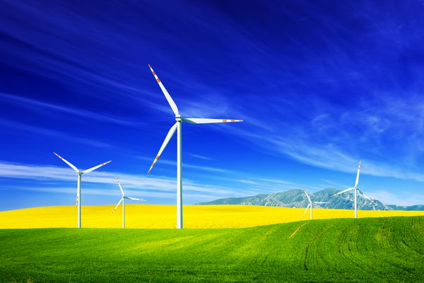توربین های بادی در زمینه بهار منبع انرژی جایگزین تمیز و طبیعی در حال بدست آوردن ذات طلبی است مزرعه اکو