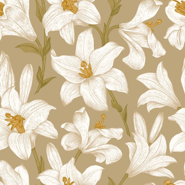 الگوی گل وکتور بدون درز گل نیلوفرهای سلطنتی سفید با زمینه قهوه ای