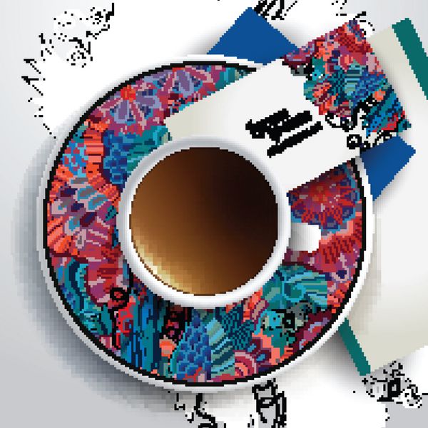 وکتور فنجان قهوه کارت ویزیت و تزئینات گل دستی روی یک بشقاب بشقاب و زمینه