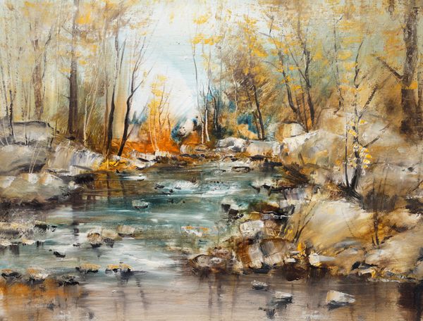 رودخانه جنگلی با سنگ پس زمینه هنر نقاشی روغن