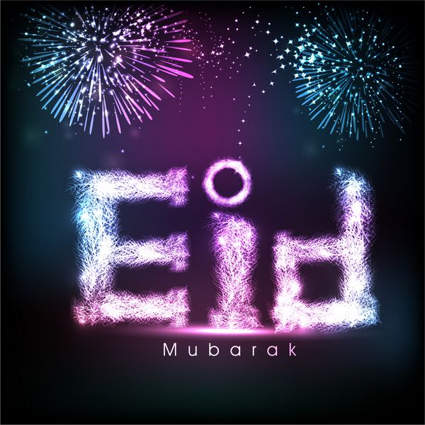 متن رنگی براق عید مبارک با آتش بازی های براق با پس زمینه انتزاعی برای جشن های جشنواره جامعه مسلمان