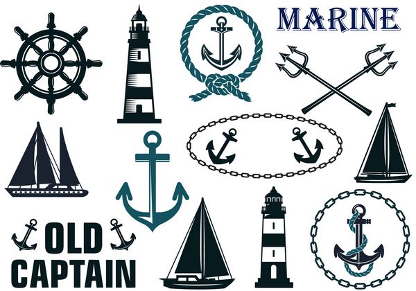 عناصر هرالدیک دریایی و مجموعه لوگوها با لنگرها فانوس دریایی قایق بادبانی قایق بادبانی طناب و فرمان