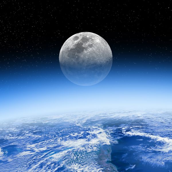 ماه در پشت زمین و جو x27 طلوع می کند ستارگان کوچک در پس زمینه هستند عناصر این تصویر که توسط ناسا تهیه شده است