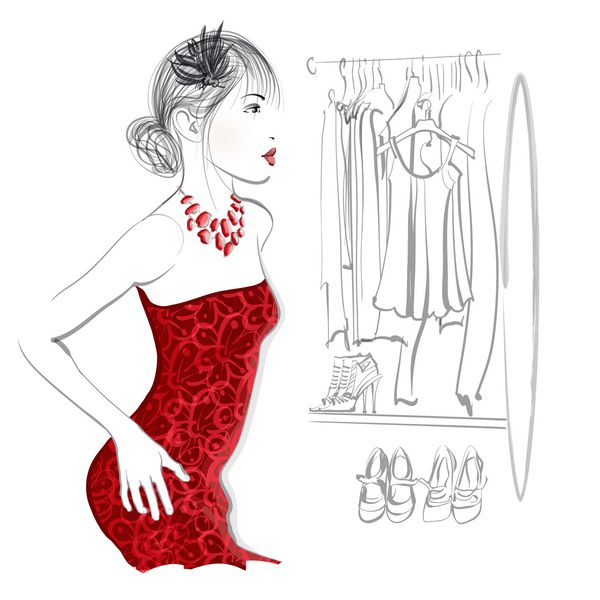 زن جوانی که لباس قرمز را امتحان می کند و به دنبال آینه ایستاده در فروشگاه لباس یا یک پانسمان است تصویر برداری