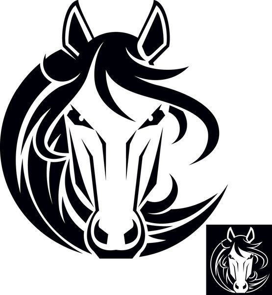 آرم یا نماد سر اسب به رنگ سیاه و سفید این تصویر برداری ایده آل برای گرافیک طلسم و تی شرت است نسخه وارونگی گنجانده شده است