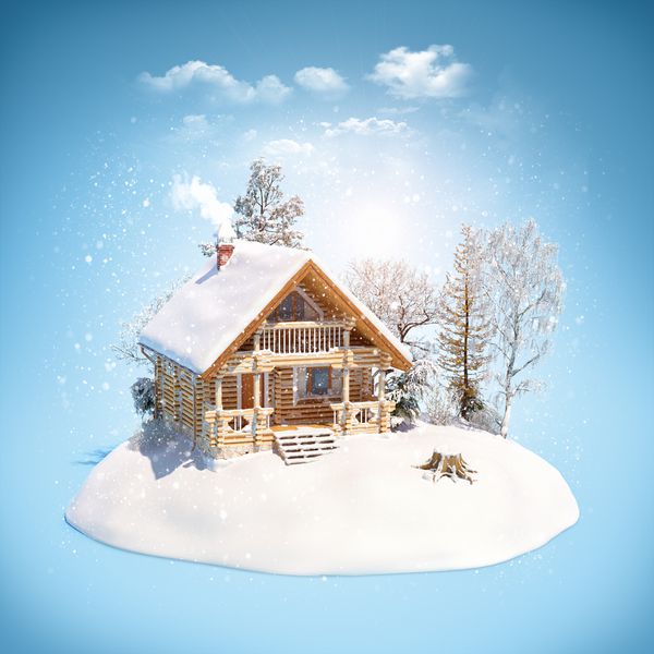 خانه و درختان را روی برف بچینید تصویر غیر معمول موضوع زمستان