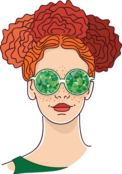 زن جوان با موهای قرمز و عینک های کالیدوسکوپی