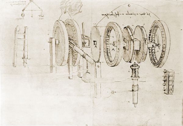 صفحه ای از نوت بوک های لئوناردو داوینچی 1452-1519 که نشان می دهد یک دستگاه دنده جدا شده است کلسیم 1500