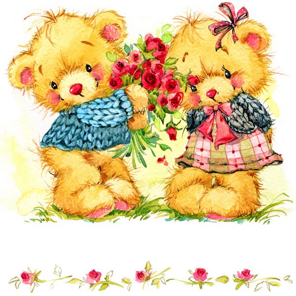 خرس عروسکی و گل زمینه کارت تبریک تصویر آبرنگ