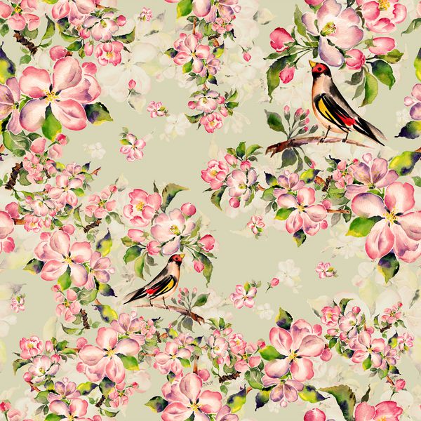 پرنده بهاری با الگوی بدون درز روی یک شاخه گلدار سیب نقاشی با آبرنگ رنگی دست الگوی اصلی زیبا برای طراحی و دکوراسیون -9