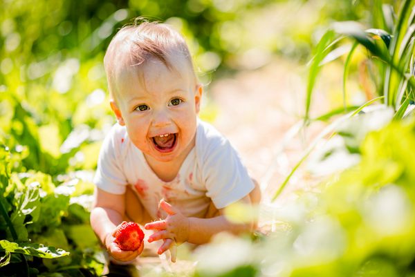 شادی خالص کودک و با توت فرنگی در فضای باز در باغ