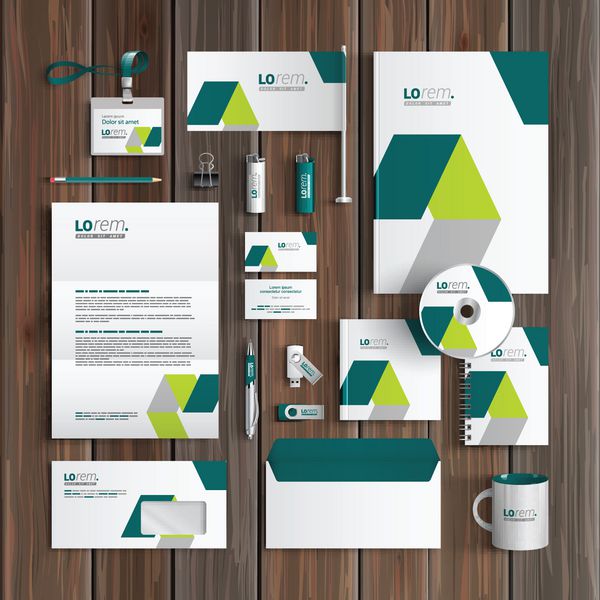 طراحی الگوی هویت شرکتی سفید با عناصر هندسی سبز لوازم التحریر تجاری