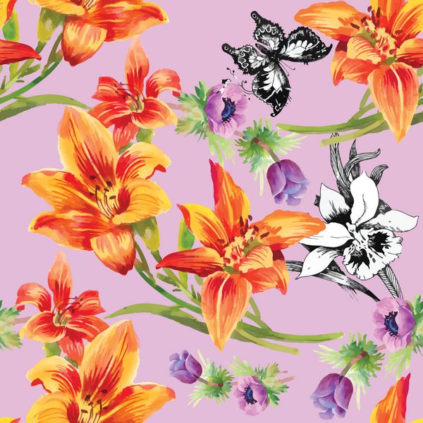 الگوی گلدار و یکنواخت رنگارنگ در زمینه بنفش با تصویر برداری پروانه ها