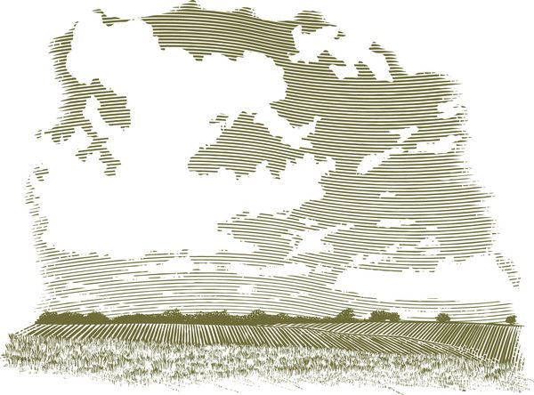 تصویر به سبک چوب از منظره مزرعه با ابرهای موجود در پس زمینه