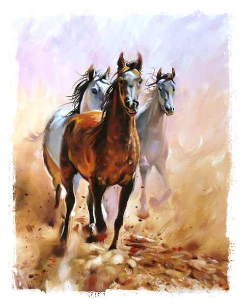 نقاشی روغن سوارکاری اسب لبه های پاره شده است