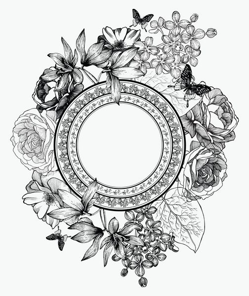 تصویر برداری سیاه و سفید قاب با گل و پروانه طراحی دستی