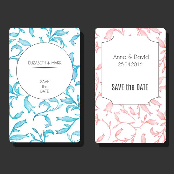 قالب کارت وکتور با الگوهای آبرنگ صورتی و آبی الگو برای اتومبیل های به روز دعوت عروسی و کارت های دوش کودک