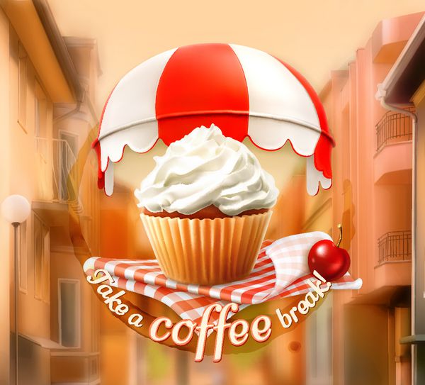 کیک و گیلاس دعوت به یک فنجان قهوه صبحانه یا زمان ناهار آیکون کافه در پس زمینه خیابان تصویر برداری تبلیغات برای کافه دکوراسیون کافه کارت پوستر