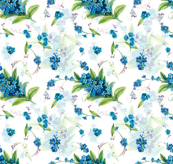 الگوی بدون درز فراموش کردن من زمینه گل ترکیب آبرنگ دکوراسیون با گل های آبی شکوفه نقاشی دستی تصویر زمینه سفید