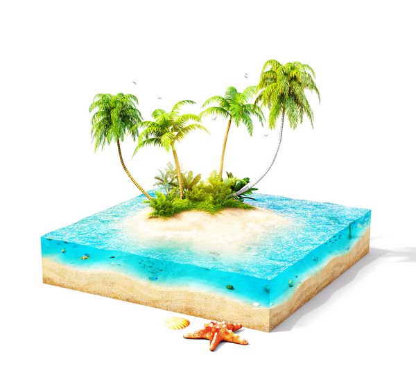 قطعه ای از جزیره گرمسیری با آب و کف دست در ساحل در مقطع تصویر سفر غیر معمول جدا شده روی سفید