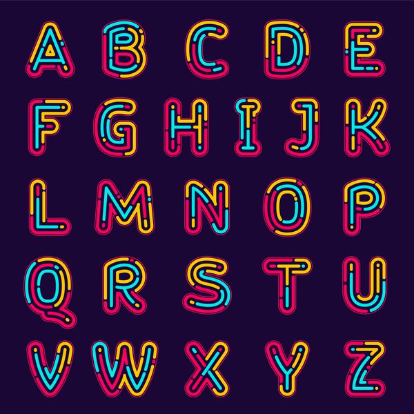حروف الفبای خط نئون یا اثر انگشت تنظیم شده است سبک قلم عناصر الگوی طراحی وکتور