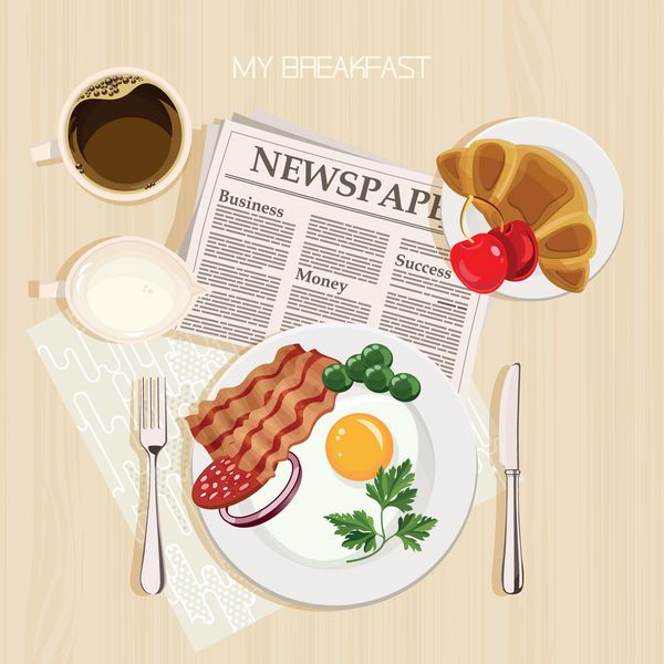 صبحانه همراه با بیکن و تخم مرغ جعفری لوبیا سبز گیلاس قهوه شیر کروسان فرانسوی و روزنامه نمای بالا وعده های غذایی