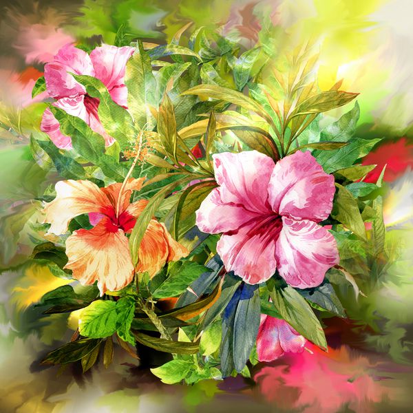 دسته گلهای صورتی نقاشی با آبرنگ به سبک نقاشی دیجیتال