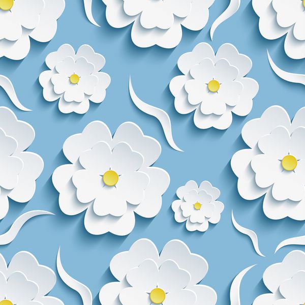 پس زمینه جشن زیبا و عاشقانه شیک و بدون نقص الگوی بدون درز آبی با کاغذ برش سفید 3D ساکارا گل درخت گیلاس ژاپنی و موج تزئینی کاغذ دیواری شیک مدرن گل تصویر شطرنجی