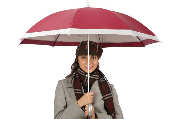 زن با چتر جدا شده بر روی سفید