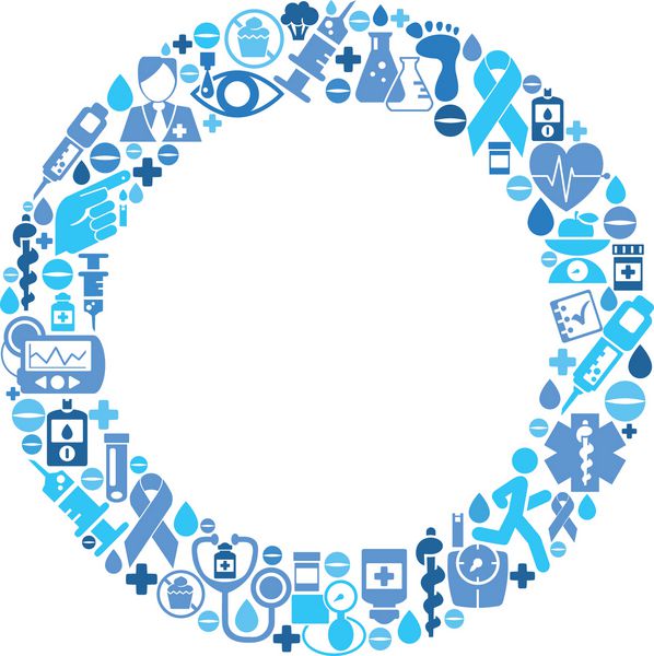 دایره آبی ساخته شده از نمادهای درمانی دیابت که بر روی سفید جدا شده اند