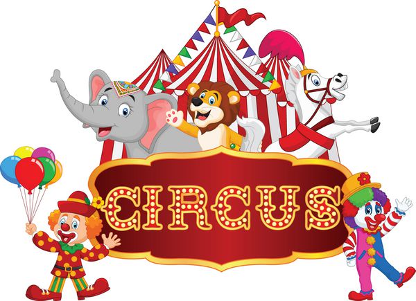 سیرک حیوانات شاد کارتونی با دلقک در پس زمینه کارناوال