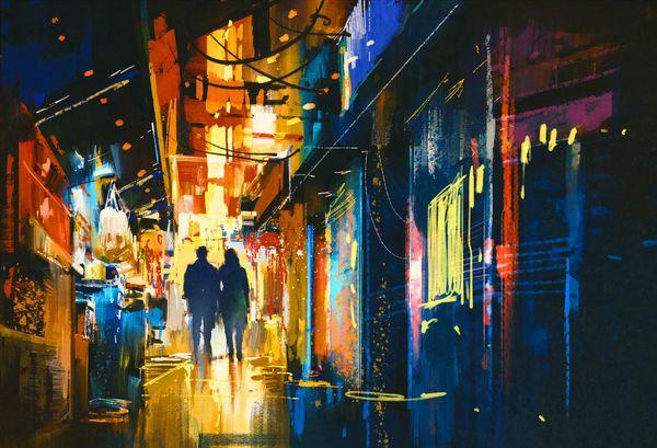زن و شوهر قدم زدن در کوچه با چراغ های رنگارنگ نقاشی دیجیتال