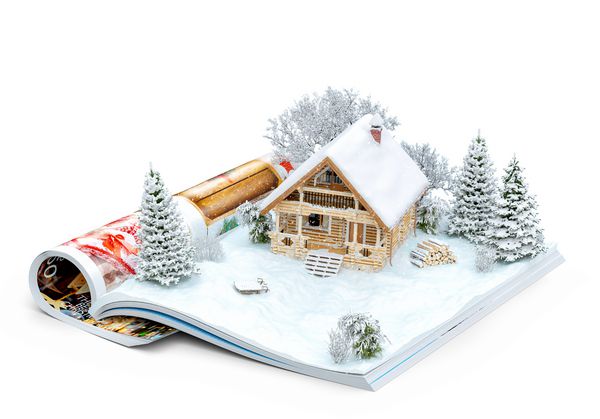 خانه ورود ناز در صفحه ای از مجله باز در زمستان تصویر غیر معمول زمستانی جدا شده