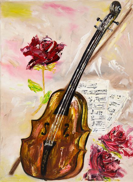 نقاشی اصلی روغن که ویولن را نشان می دهد گل سرخ و برگه های موسیقی روی بوم موضوع موسیقی مدرن امپرسیونیسم مدرنیسم مارینالیسم