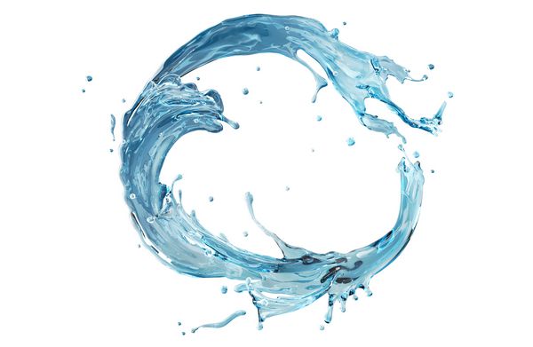قاب دور پاشش آب واقع بینانه شکل آبی در دایره خم شده است چلپ چلوپ مایع جدا شده بر روی زمینه سفید آماده برای طراحی