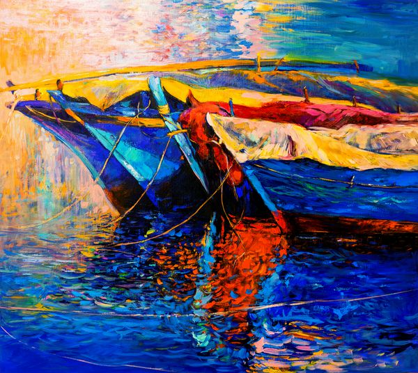 نقاشی روغن اصلی قایق ها و دریا بر روی بوم غروب خورشید بر فراز اقیانوس امپرسیونیسم مدرن