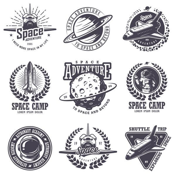 مجموعه ای از فضای پرنعمت و نشان های فضانوردان نشان ها آرم ها و برچسب ها سبک تک رنگ