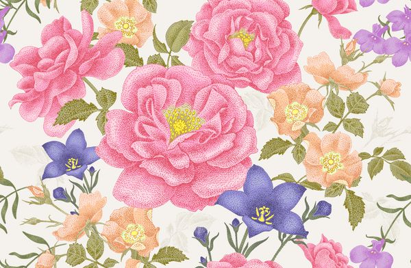 پس زمینه گل بدون درز گل با گل های شکوفه ای و گل های باغی الگوی وکتور تصویر برای استفاده در طراحی داخلی آثار هنری ظروف لباس بسته بندی کارت تبریک ویندوز فروشگاه