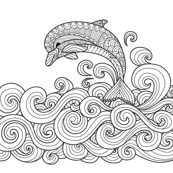 دست دلفین zentangle با پیمایش موج دریا برای کتاب رنگ آمیزی برای بزرگسالان ترسیم شده است
