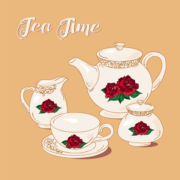 چای زمان و ست چای به سبک پرنعمت چای انگلیسی سنتی با ظروف گلدار از گل رز وکتور