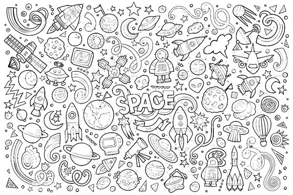 مجموعه کارتون doodles از اشیاء و نمادهای فضایی کشیده شده وکتور طرح دار
