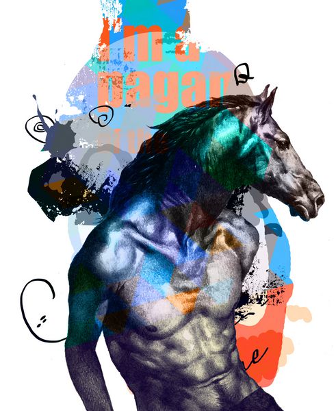 ترکیب انتزاعی با نقاشی آزاد مردی با سر اسب