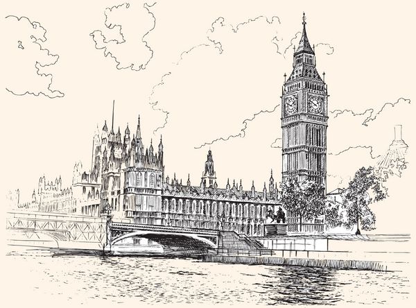 بیگ بن و خانه های پارلمان وست مینستر لندن طراحی دستی تصویر برداری