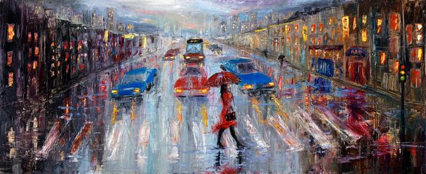 نقاشی روغنی اصلی که نشانگر زن جوان زیبا به رنگ قرمز است چتر قرمز را در خیابان های شهر روی بوم عبور می داد امپرسیونیسم مدرن مدرنیسم marinism