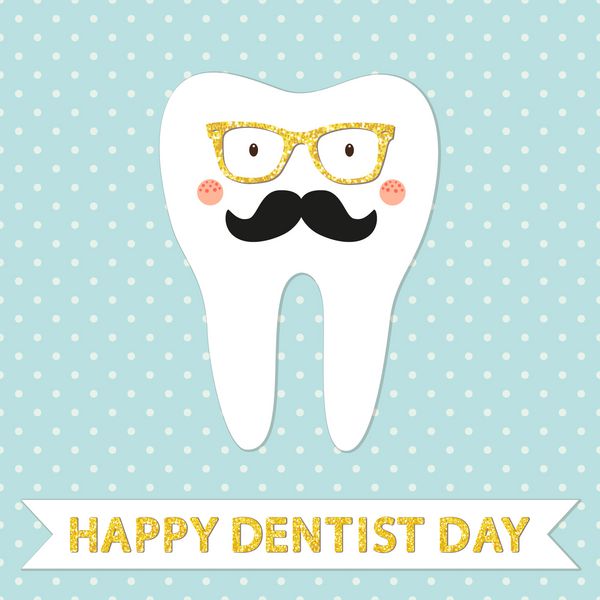 کارت تبریک زیبا روز دندانپزشک مبارک به عنوان شخصیت خنده دار کارتونی دندان hipster با عینک و سبیل