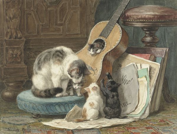 هارمونیست ها توسط هنریت رونر 1877-777 نقاشی آبرنگ هلندی بر روی کاغذ یک گربه مادر روی یک صندلی پای صندلی در نزدیکی چهار بچه گربه خود نشسته است که با رشته های شکسته آن یک بچه گربه در داخل ساز است