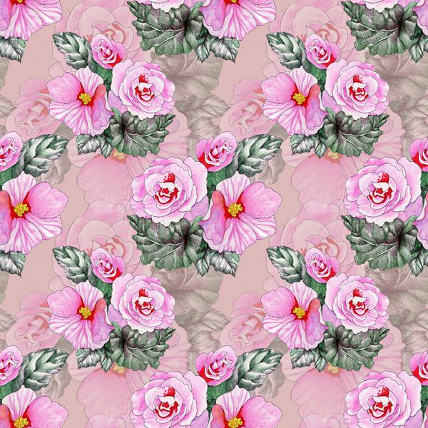 الگوی گل بدون درز بر روی زمینه صورتی با گل های شکوفه ای و گل های گیاه هیبیسکوس