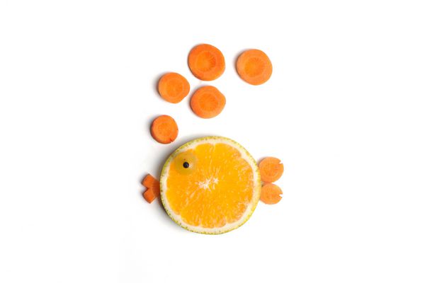 مفاهیم خلاق هنر غذا ماهی های گرد ناز از میوه پرتقال انگور و هویج ساخته شده است
